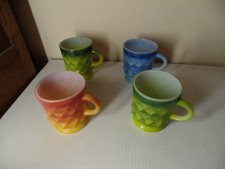 4 Vintage Fire King Anchor Hocking Diamond Mugs Set Blue Orange Green