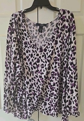 Denim 24/7 Women's Top Long Sleeve Purple Cheetah Print Size 4XL Slits In Sleeve
