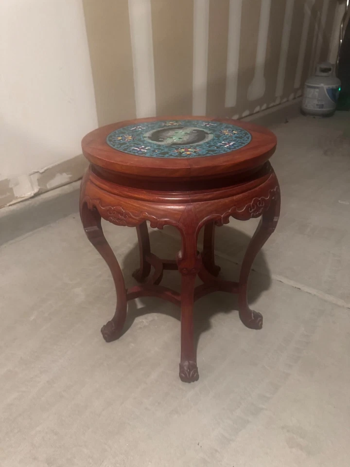 Vintage Chinese Cloisonne Koi Fish Rosewood Tea Table - Image 3 of 4