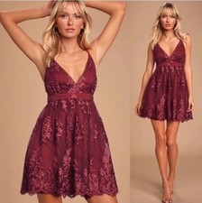 NWT Lulus A Love To Remember Burgundy Red Lace Skater Dress sz M Babydoll Y2K