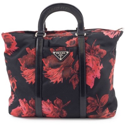 PRADA Flower Print Rose Handbag Black Red Nylon Leather BN1066 Pre-owned Auth