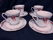 Set of 4 -Poinsettia  Ribbons Christmas Holiday Cups and Saucers Fine China 8pc
