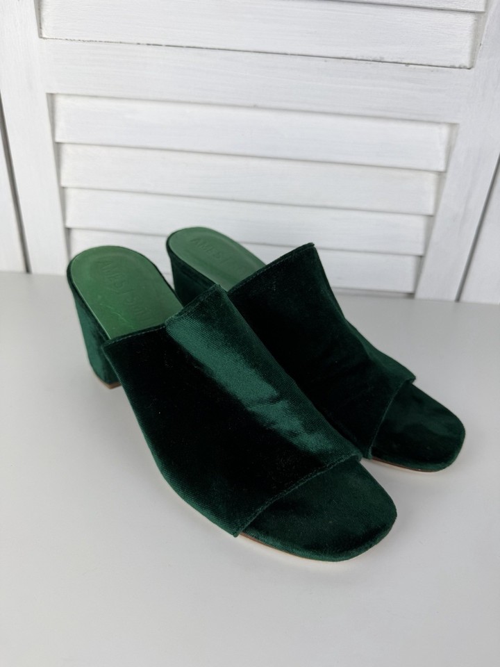 James Smith Luxurious Green Velvet Mules with Open Toe Block Heel  Sz 38
