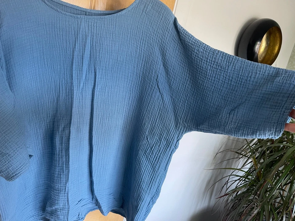 Mid Blue Linen Mix Round Neck Drop Sleeve Top - Image 2 of 4