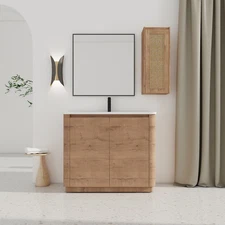 40 In Wooden Freestanding Bathroom Vanity W/ Ceramic Sink + Side Storage Cabinet