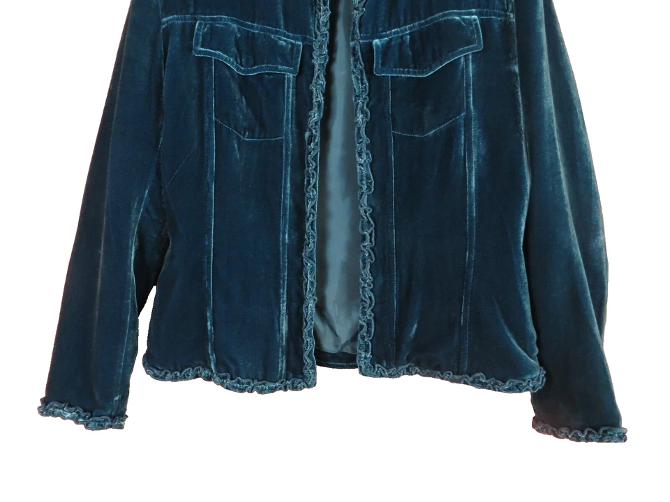 CJ0422- CHICO'S Woman Rayon Silk Open Front Jacket Deel Teel Blue Ruffle 0 XS-S - Image 2 of 4