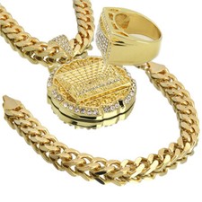 Gold Plated Ring / Last supper Pendant Miami Cuban Chain Bracelet Cubic Zirconia