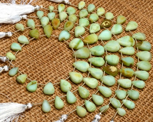 Green Peru Opal Gem 11x7 to 18x13 mm Rough Unpolished Pear Shape Beads Strand 8" - Picture 6 of 8