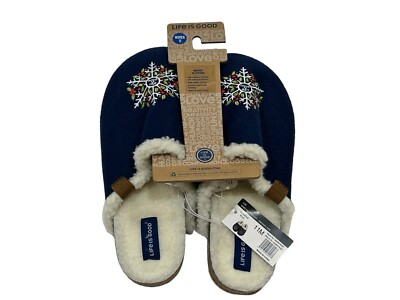 Life is Good Felt Cork Slippers US 11M Navy Blue Snowflake Women s