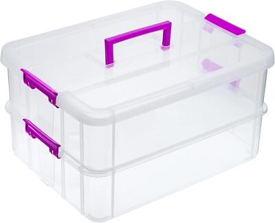 JUXYES 2-Tiers Stack Carry Storage Box With Handle, Transparent L, Purple 
