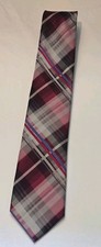 Mens Perry Ellis Red Grey Plaid 100% Silk Nec...