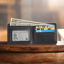 Genuine Slim Mens Leather RFID Blocking Minimalist Bifold Center Flap Wallet
