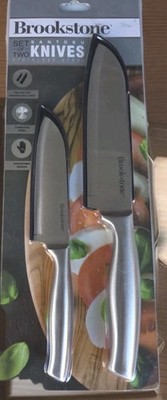 Brookstone 5'' & 7'' Santoku Knife Set Stainless Steel w/Sheaths NEW