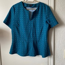 Banana Republic Teal Blue Geometric Floral Peplum Blouse Split V-Neck Womens M
