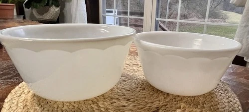 White Milk Glass  Mixing Nesting Bowls Scalloped Set Of 2 Vintage Hazel Atlas