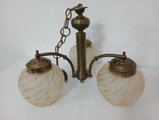 Lampadario Vintage in Ottone a 3 Luci con Bocce in Vetro Soffiato Marmorizzato