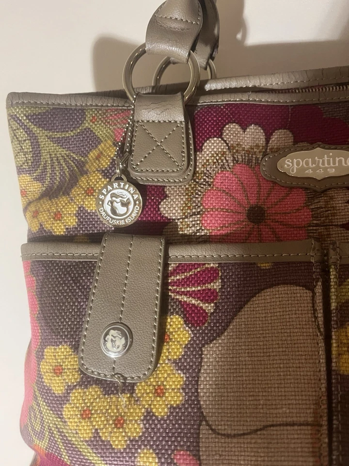 Spartina 449 Daufuskie Island Floral Handbag Tote Natural Linen Leather Trim - Image 2 of 4