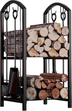 Firewood Log Rack with Tools Set – 5 Pc Fireplace Holder & Wood Storage, Black