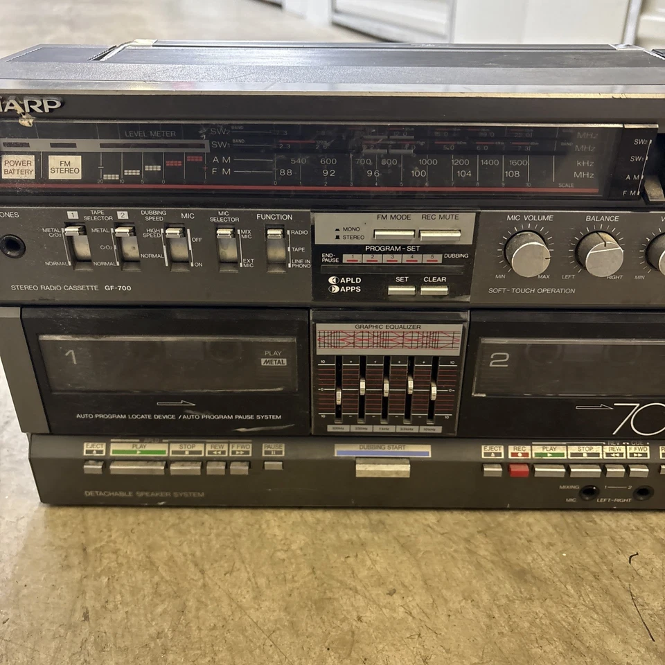 ALTAVOCES BIDIRECCIONALES SHARP GF-700ZD DE COLECCIÓN AÑOS 80 BOOMBOX ESTÉREO CUBIERTA DE CINTA SIN PROBAR Foto 3 de 4