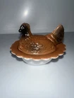 Vintage Mosser Glass Brown Hen on Nest Salt Cellar Covered Dish Milk Glass Base