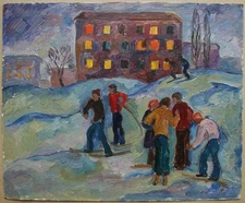 Ukrainian Soviet USSR Oil Painting postimpressionism children skiing cityscape