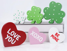 Valentines St Patricks Day Decorations 6PCS Wooden Heart Shamrock Block Tiered