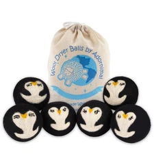 Wool Dryer Balls Penguin Design with Drawstring Bag Natural Fabric Softener, 6pk