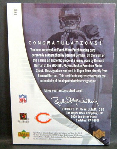Bernard Berrian  2004 UD SP Authentic 3Clr Patch ROOKIE AUTO#018/799!Bears WR RC - Picture 2 of 2