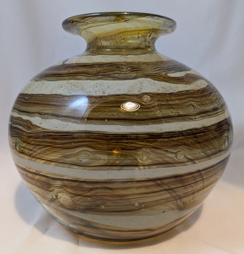 Isle of Wight Studio Glass Large 7 inch Globe Vase 1970s Brown and Ochre - Picture 2 of 5