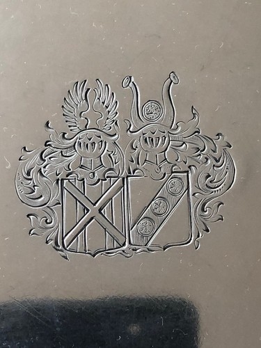 Adeliges Allianz-Wappen-Tablett, Ø 25cm, 800er Silber, Koch & Bergfeld, 428g - Bild 3 von 4