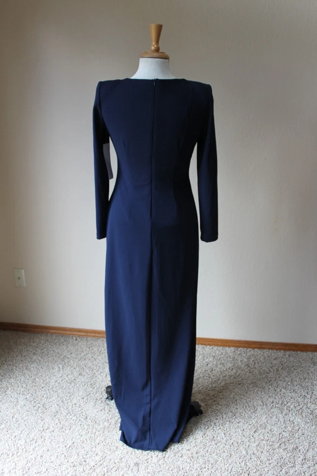 MSK 海军蓝高开衩水钻领长款性感正装连衣裙 S — 第 2/3 张图片