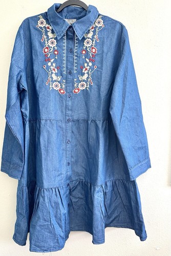 J Gee Woven Peasant Mini Dress Boho Collared Blue Embroidered Floral Plus 3X NEW