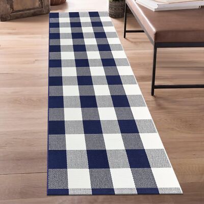 Buffalo Plaid Runner Rug 2x6 Feet Navy and White Checkered Runner