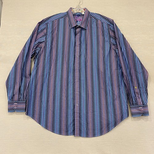 Robert Graham Dress Shirt Mens 2XLT Blue Purple Striped Contrast Cuff Cocktail - Picture 2 of 15
