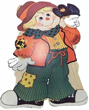Vtg Halloween Scarecrow with Crow Die Cut Cardboard Double sided Wall Decoration