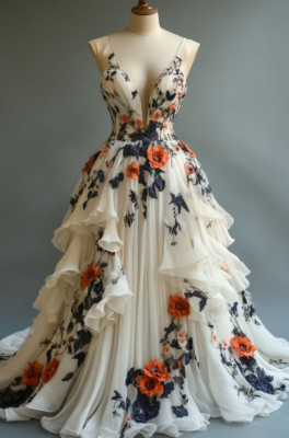 Gothic Champagne Wedding Dresses V Neck 3D Florals Tiered A Line Bridal Gowns