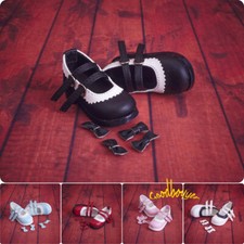 1/4MSD BJD Doll Student Shoes PU Leather Shoes with 2 Buckle  Bow Lace Top Line