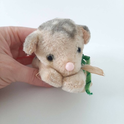 Antique Stuffed Toy Cat Vtg Plush Gray Striped Tabby Kitten Ribbon Collar - Picture 2 of 8