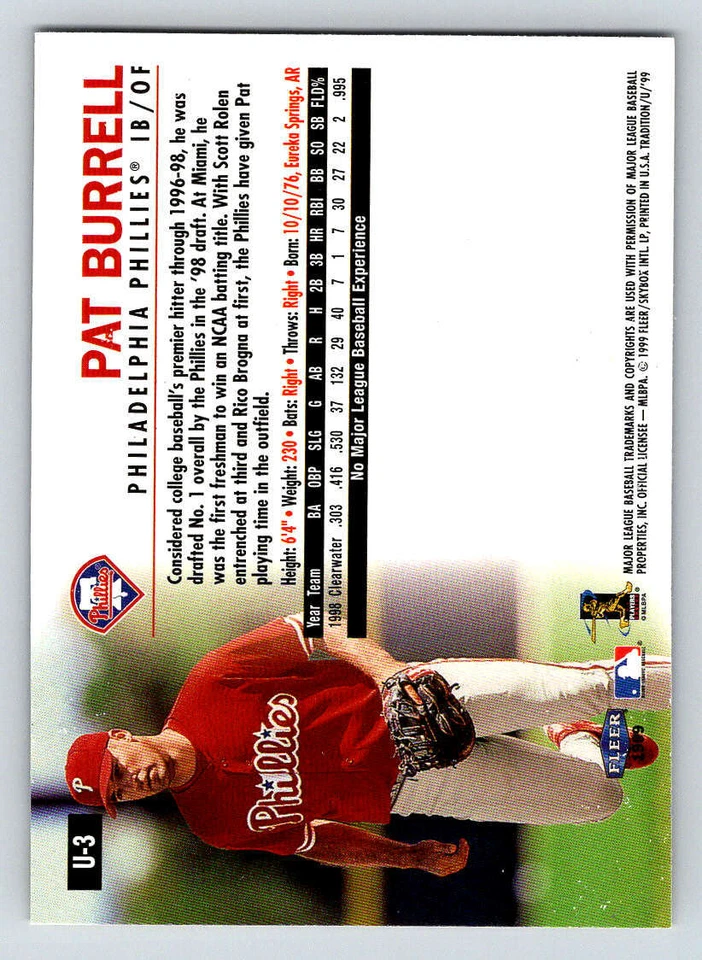 1999 Fleer Tradition Update #U3 Pat Burrell RC (ref 179532) - Image 2 of 2