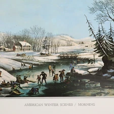 Currier & Ives Vtg Print American Winter Scene Morning Snow Ice Sled Fish Decor
