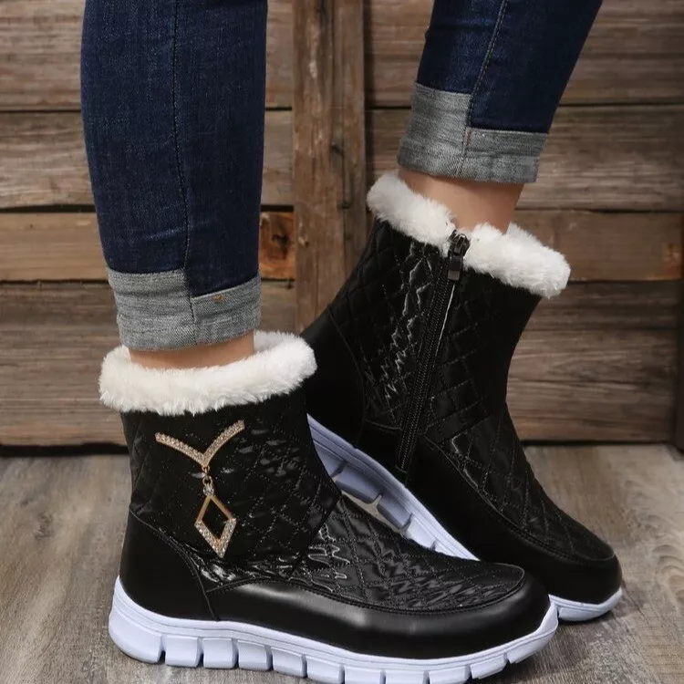 Women Winter Zipper Faux Fur Lined Flat Snow Boots Round Toe Warm Zip Boots