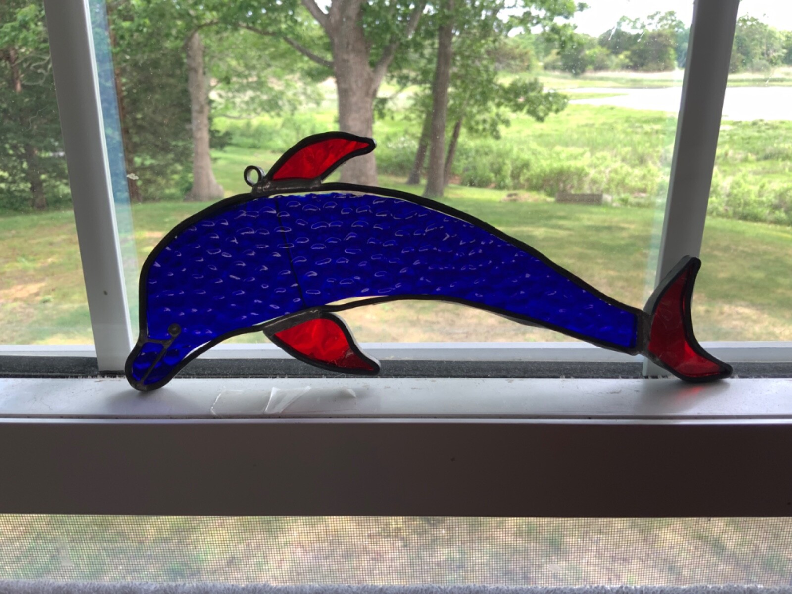 Vintage Blue and Red Stained Glass Dolphin Suncatcher Real Glass 9