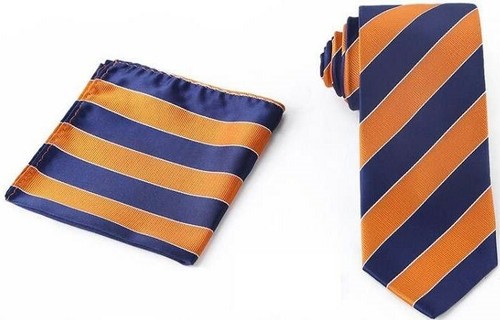 Blue & Orange Striped Necktie & Handkerchief - Picture 2 of 3