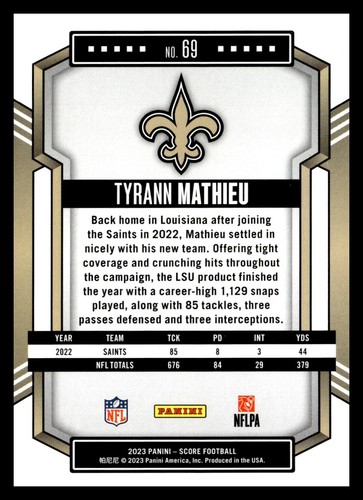 2023 Score Football Tyrann Mathieu New Orleans Saints #69 - Imagen 2 de 2