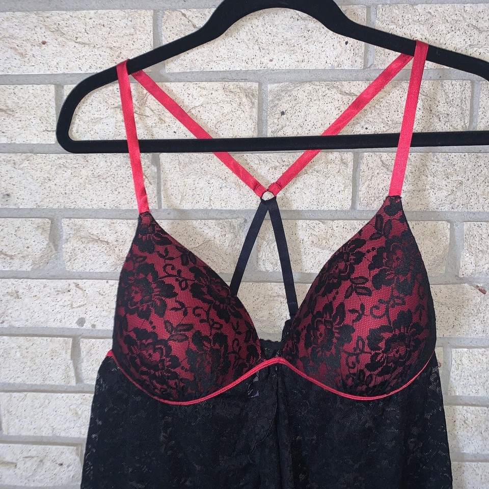 VTG Secret Treasures Black/Red Floral Stretch Lace Semi Sheer Slip