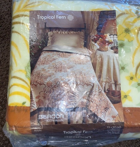 BEACON Felce Tropicale Stampa Gialla Legatura Oro Coperta 72X90 USA NUOVO Vintage - Foto 8 di 8
