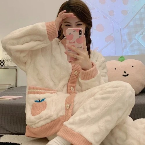 Women Pajama Set Long Sleeve Rest Sleepwear Warm Flannel Thick Buttons Cardigan - Picture 7 of 13