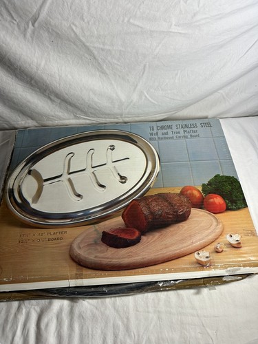 18” Chrome Stainless Still Well And Tree Platter With Hardwood Carving Board