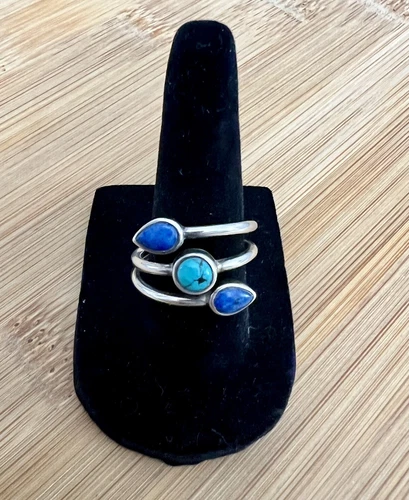 Vintage Blue Lapis & Turquoise 925 Sterling Silver Ring Size 7.5