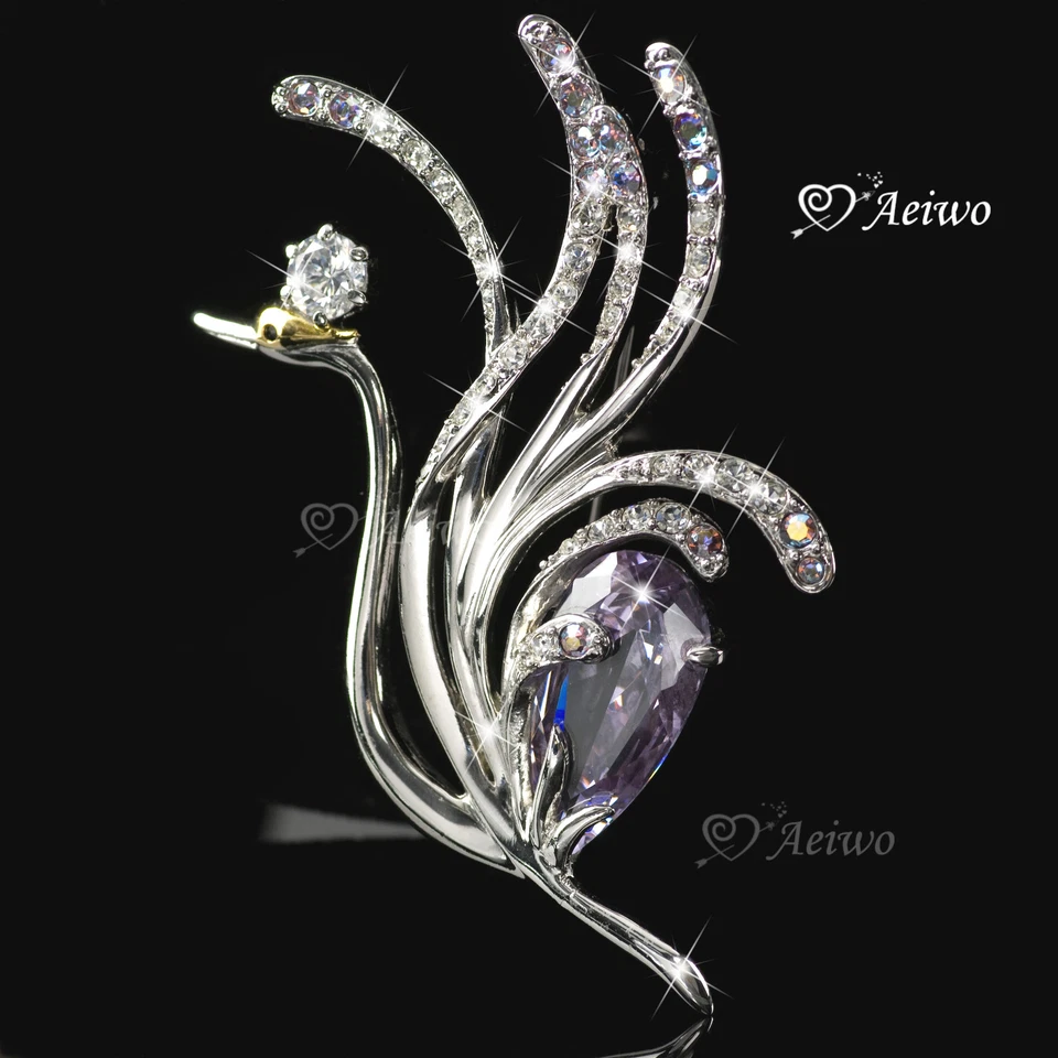18K WHITE GOLD GP MADE WITH SWAROVSKI CRYSTAL DANCING SWAN PIN BROOCH  - Imagem 2 de 2